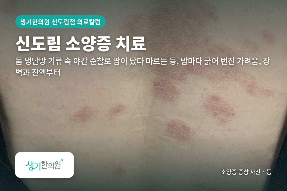 등 소양증 증상 사진과 문구 「신도림 소양증 치료, 돔 냉난방 기류 속 야간 순찰로 땀이 났다 마르는 등, 밤마다 긁어 번진 가려움, 장벽과 진액부터 · 생기한의원 신도림점」